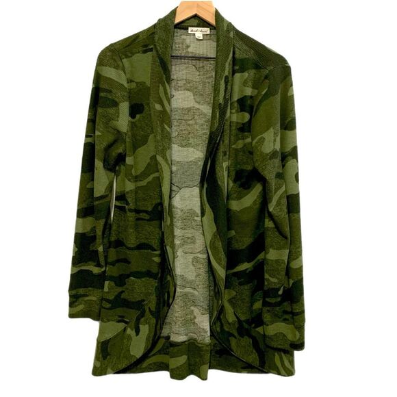 DEREK HEART Cardigan Women’s Large Green Camouflage Open Front Waterfall. - Picture 1 of 10